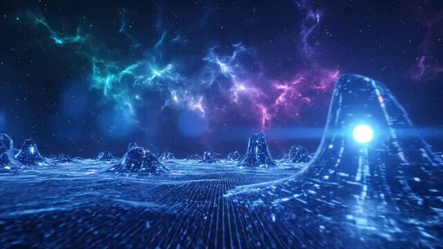 Futuristic alien landscape with glowing mountains and space nebula against starry sky background animation