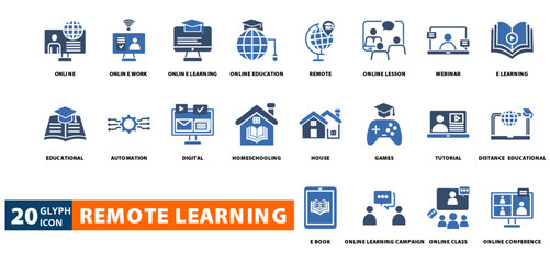 remote learning icon set with  Online ,  Online work,    Online learning,  Online education,   Remote,  Online lesson,    Webinar,   E learning,   Educational,   Automation,  Digital,  homeschooling