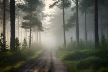 Obraz premium Sunrise Mist Through Pine Trees on Forest Road, Serene Foggy Landscape morning in the forest