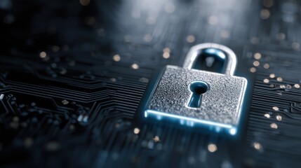 Glowing padlock on a computer circuit board, representing cybersecurity and data protection