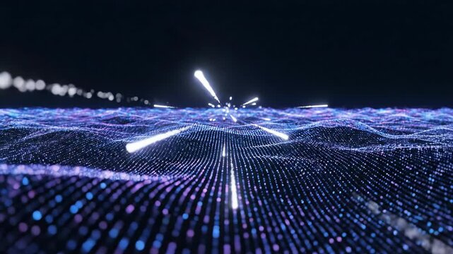 Abstract 3D animation of glowing purple and blue waves with light bursts emerging. Digital particle flow and energy waves in motion. Futuristic visual effects sequence for graphics and sci-fi