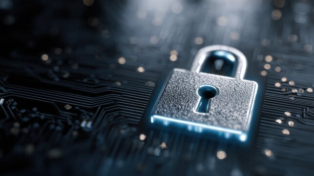 Glowing padlock on a computer circuit board, representing cybersecurity and data protection - Powered by Adobe