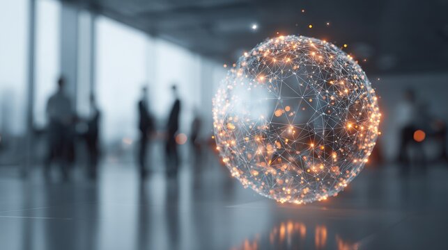 Glowing sphere of interconnected nodes hovers in front of blurry business people - Powered by Adobe