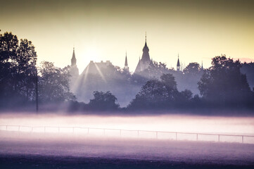 Baśniowa sylwetka pałacu w Mosznej o świcie, z licznymi wieżami wyłaniającymi się z gęstej, porannej mgły w blasku wschodzącego słońca. © Henryk Niestrój