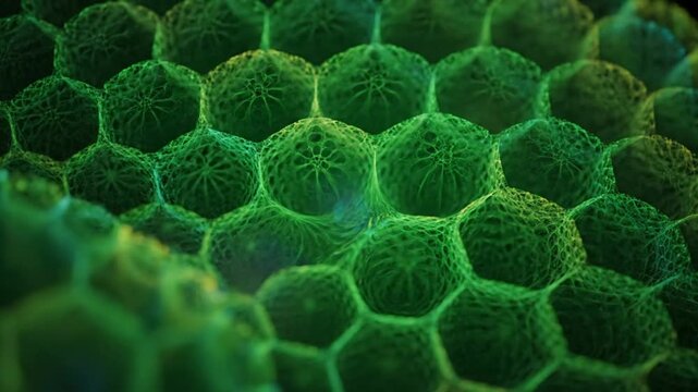 Abstract macro shot of a vibrant green honeycomb structure featuring biological cells and organic patterns