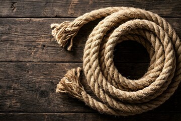 Coil of Natural Hemp Rope on Rustic Wooden Texture Background