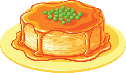 Delightful layered savory dish with rich orange sauce and green peas