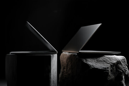 Dos ordenadores port&aacute;tiles sobre bloques de piedra con fondo negro, Imagen para campa&ntilde;a de marketing digital con port&aacute;tiles de alta gama, Mockup para dise&ntilde;o web con espacio negativo y est&eacute;tica minimal