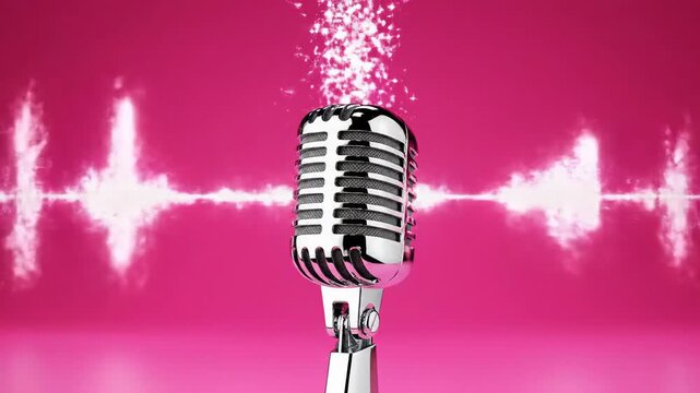 Animated microphone emitting colorful musical notes and sparkles. Explosive music performance sequence in studio setting. Digital visualization for singing and entertainment concepts.