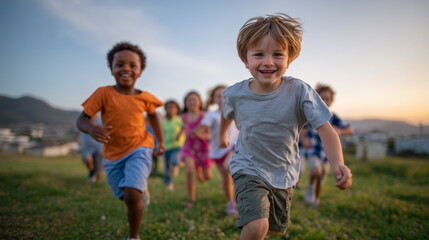 Group of diverse kids playing together in a park, jumping and laughing, golden-hour sunlight, soft shadows, vibrant colors emphasizing happiness and freedom