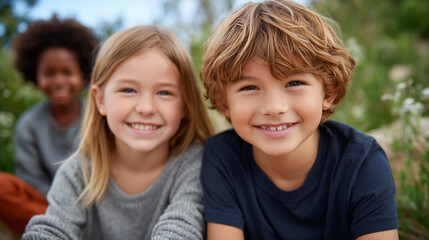 Cheerful multiethnic children sitting on grass sharing laughter, casual clothing, natural park setting, sunlight illuminating joyful faces, candid outdoor moment