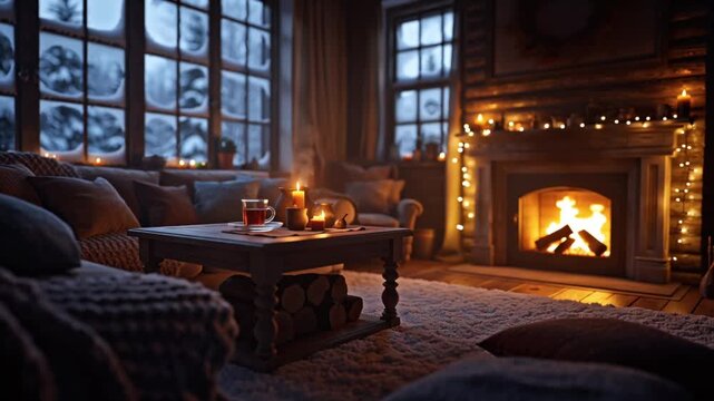 Cinematic 4K video cozy winter living room interior, roaring fireplace glowing embers, warm ambient lighting, woolen cushions rugs, hot tea wooden table steam rising, LED string lights room, snow fall