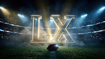 Obraz premium Dramatic stadium view of super bowl lx with shiny roman numerals and a football on the field