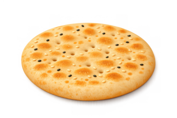 Golden delicious round bread with sesame seeds on a warm background for bakery design