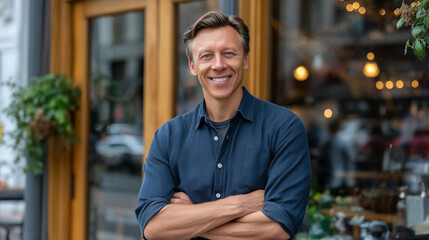 Portrait of proud small business owner smiling in front of his cafÃ© entrance, glass windows reflecting city street, warm interior glow, authentic neighborhood coffee culture