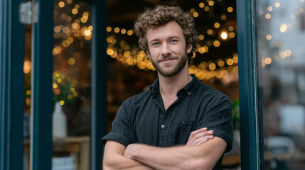 Coffee shop owner standing in front of open cafÃ© doors, interior glowing with warmth, relaxed posture and confident expression, small business dream realized