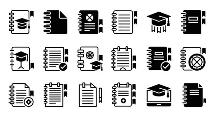 A comprehensive collection of black and white vector icons representing various academic documents, educational materials, and learning tools.