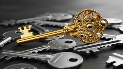 Fototapeta premium Vintage Gold Key Among Modern Keys.