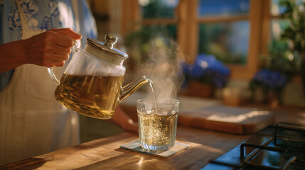 Female hands holding kettle above glass cup as boiling water pours in, steam highlighted by backlight, modern home kitchen with clean lines and warm tones