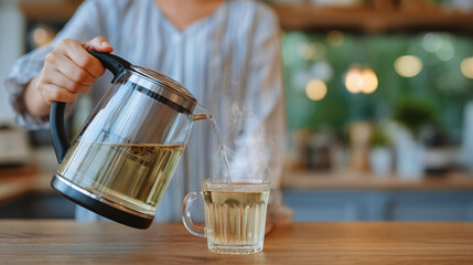 Elegant female hands pouring hot water from modern stainless kettle, glass cup on wooden countertop, steam drifting upward, calm and inviting kitchen environment