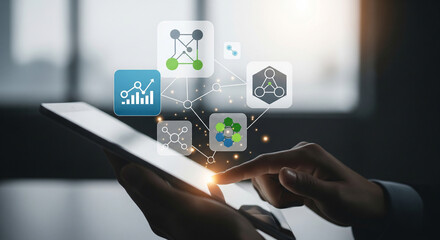 Businessman analyzing data on tablet with network icons