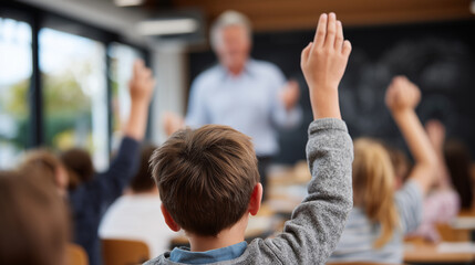 Classroom scene of schoolchildren raising hands eagerly, teacher at blackboard explaining a lesson, natural light streaming through windows, diverse students, energetic learning at