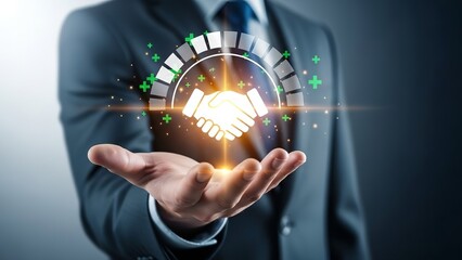 Businessman presenting glowing handshake icon for partnership and growth