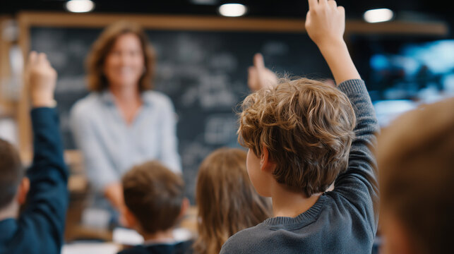 Young students raising hands attentively in a bright classroom, teacher pointing at blackboard with colorful chalk diagrams, engaged expressions, cinematic educational environment - Powered by Adobe
