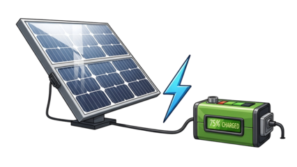A solar panel charges a green battery with a blue lightning bolt
