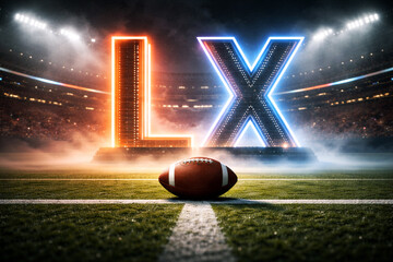 Exciting super bowl lx atmosphere on the football field with glowing roman numerals