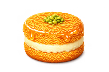 Intricate dessert with caramel drizzle and green garnish for culinary art and design inspiration