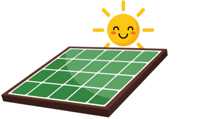 A cartoon solar panel with a smiling sun on a green grid background