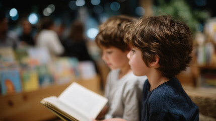 Close-up from side angle of two kids in bookstore, one child holding an open book while the other listens, shelves of colorful books behind, warm and cozy educational atmosphere