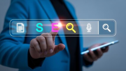 Businessman interacting with futuristic search interface on tablet