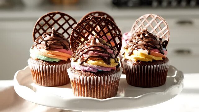 Delicious Chocolate Cupcakes with Rainbow Frosting and Chocolate Lattice Decoration Close Up
