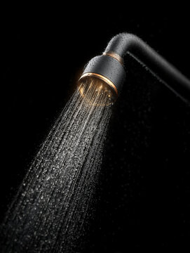 Ducha moderna con detalles en cobre y agua cayendo, Primer plano de alcachofa de ducha negra con luz dorada y agua, Branding para l&iacute;nea de ba&ntilde;o de lujo, Imagen para campa&ntilde;a de sanitarios minimalistas