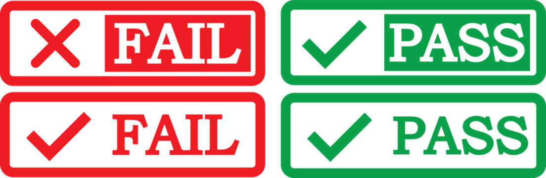 pass and fail icon set. Green check mark and red cross icons. Approve and reject web interface element vector illustration. pass fail icon set. Includes tick symbols in green and cross symbols