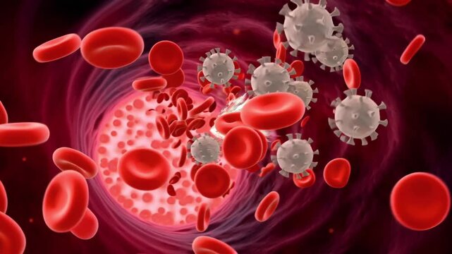 Cinematic 4K 3D animation immune cells fighting viruses inside human bloodstream, white blood cells engulfing pathogens, red blood cells flowing, plasma glowing dynamic light effects cellular slow-mo