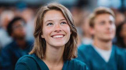 Fototapeta premium Diverse group of nursing students attentively watching presentation in classroom, teal scrubs vivid against soft background, enthusiasm and engagement clearly visible