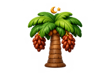 Crescent moon and star above lush date palm tree with ripe dates