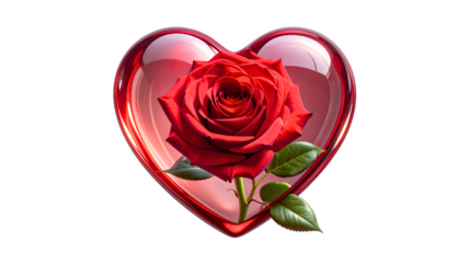 Shiny pink heart with red rose inside symbolizing love and romance