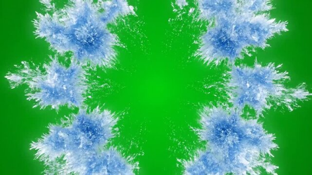 Abstract frosty ice burst effect expanding from center on green screen background, cold and winter seasonal template