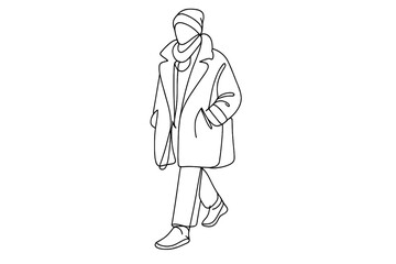 Minimalist Winter Elegance. Street style winter coat fashion shot. Minimalistic one-line drawing modern street