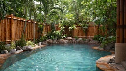 Serene tropical backyard pool surrounded by lush greenery and bamboo fencing perfect for relaxation and leisure