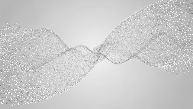 Abstract flowing particle wave on a light gray background.