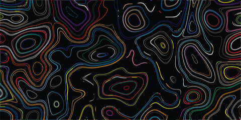 Obraz premium Abstract topographic map-like pattern with swirling, multicolored contour lines in vibrant hues of blue, green, orange, white, and red on a stark black background