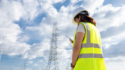 A worker in a safety vest and hard hat looks at a phone while standing next to tall power lines...