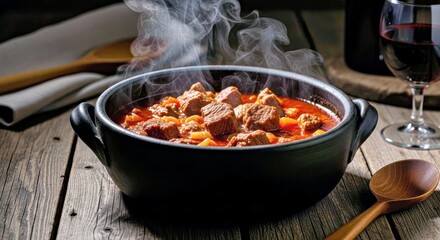 Hearty Stew: A steaming bowl of savory stew, brimming with tender meat and vegetables, sits invitingly on a rustic wooden table, alongside a glass of red wine.