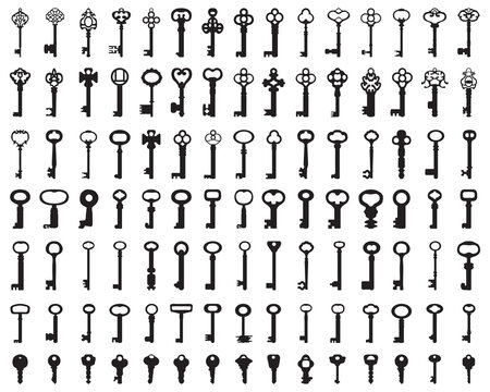 Set of black silhouettes of door keys on white background	