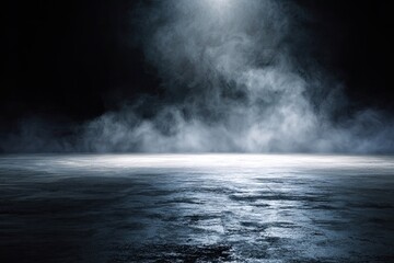A dark, moody scene features fog rolling across a reflective surface, with light streaming from above